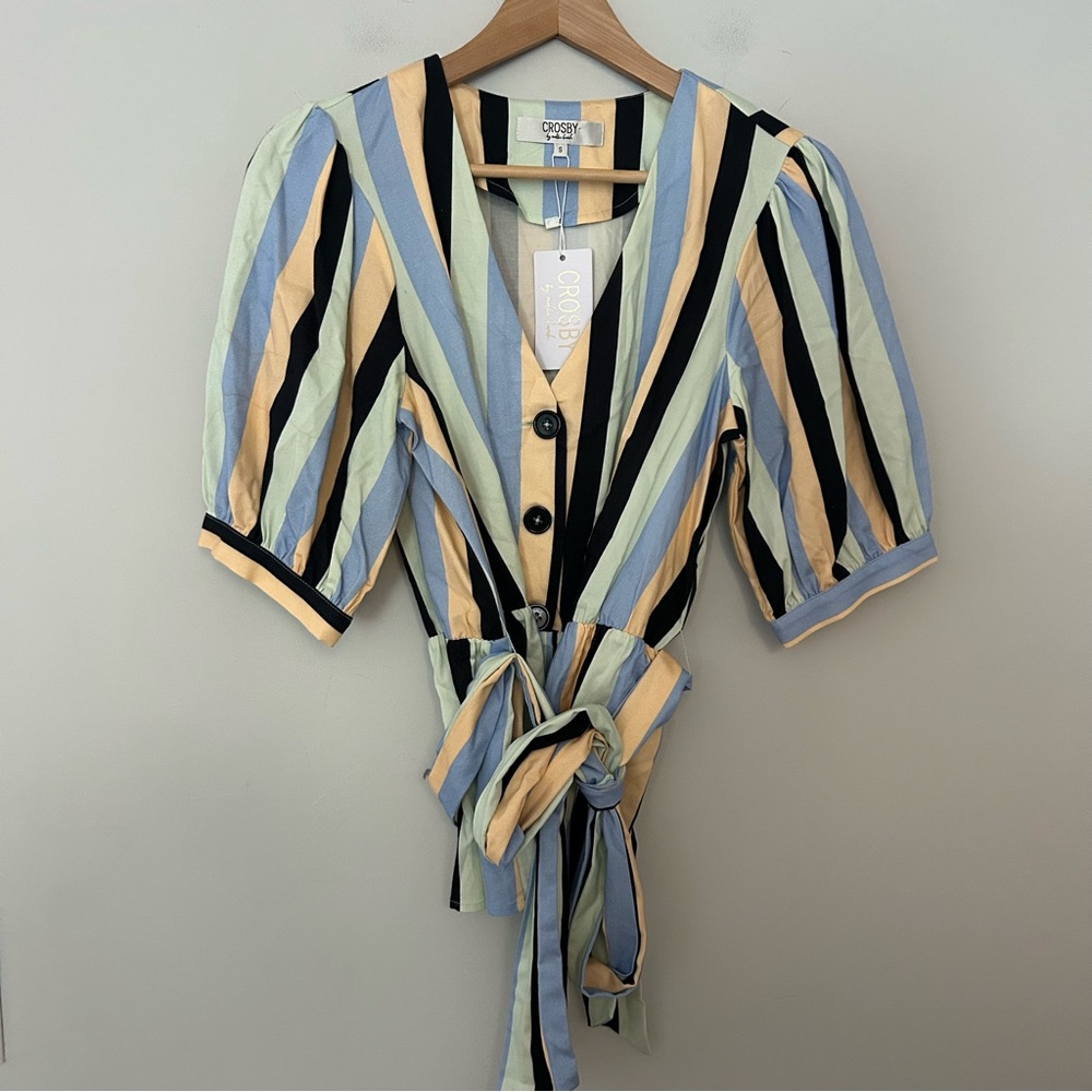 NWT Crosby Mollie Burch Mattie Swinging Stripe Multi Color Printed Belted Blouse